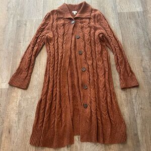 J. Jill Long Brown Cable Knit Cardigan with Buttons